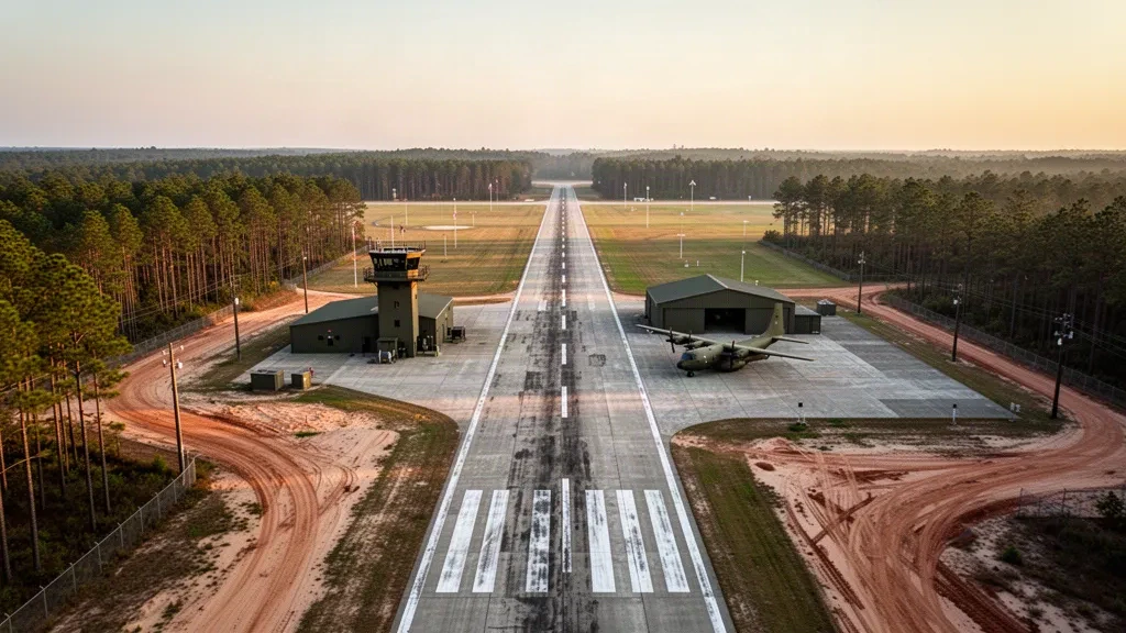 Vista amplia durante la hora dorada de una pista de aterrizaje tranquila de un aeródromo de entrenamiento del Ejército de Estados Unidos, hangares y bosque de pinos en los Sandhills de Carolina del Norte