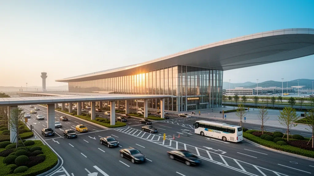 Terminal moderno in vetro e corsie di sosta al bordo strada dell'Aeroporto Internazionale di Hefei Xinqiao che brillano nella luce dell'ora d'oro
