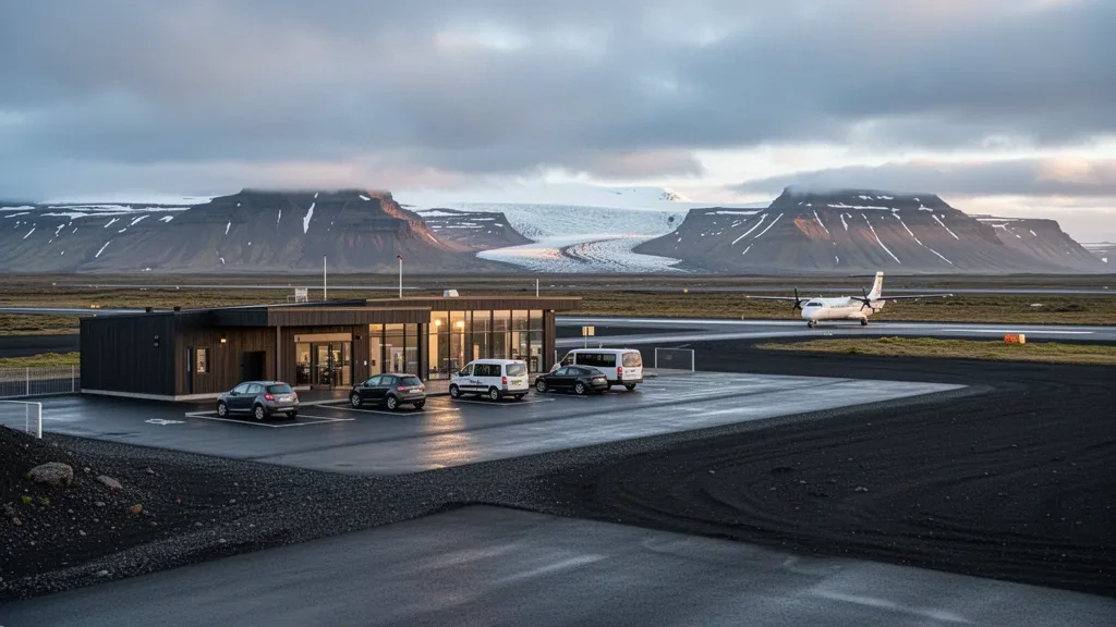 Petit terminal régional et piste de l'aéroport de Hornafjörður dans le sud-est de l'Islande, entourés de toundra moussue et de montagnes glaciaires au loin.