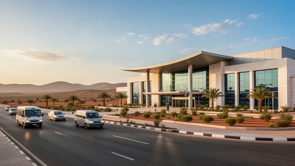 Moderner Terminal aus Glas und Stein am Egal International Airport in Hargeisa mit Abholspuren, Palmen und trockenen Hügeln zur goldenen Stunde