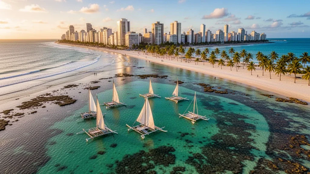 Traditional jangada sailboats in the natural pools of Pajuçara Beach, Maceió, Alagoas, Brazil, at golden hour.