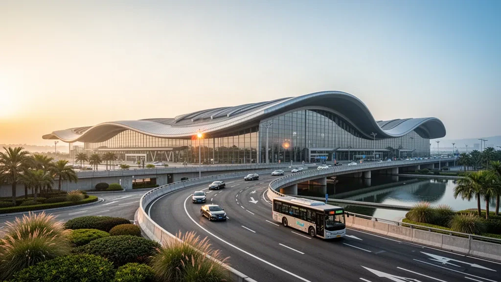 Extérieur moderne et incurvé du terminal et voie de dépose à l'aéroport international de Hangzhou Xiaoshan à l'heure dorée