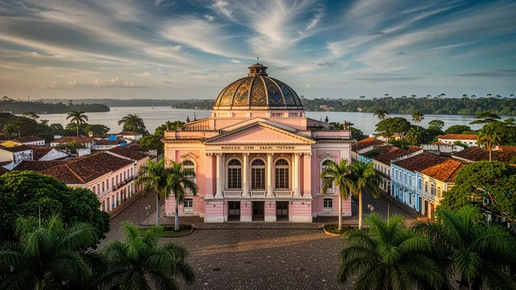 Opéra historique Amazon Theatre avec façade néoclassique rose sur une place bordée de palmiers à Manaus, Amazonas, Brésil