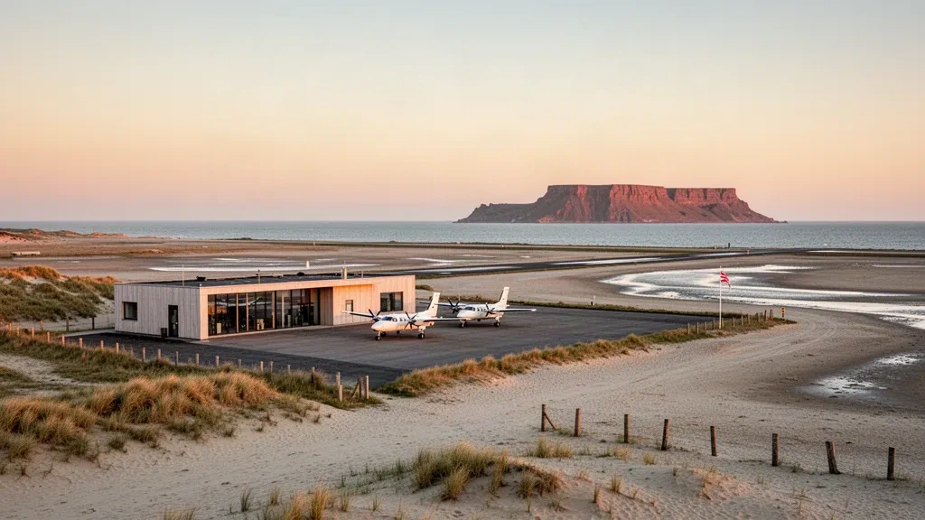 Petit terminal d'aéroport insulaire et tarmac avec des avions légers sur l'île sablonneuse de Düne près de Heligoland dans une chaude lumière du soir