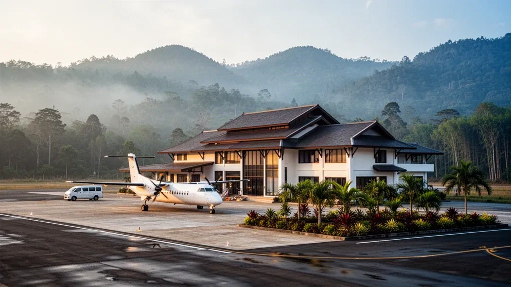 Piccolo terminal aeroportuale regionale a Mae Hong Son, nel nord della Thailandia, circondato da montagne boscose e nebbiose all'alba
