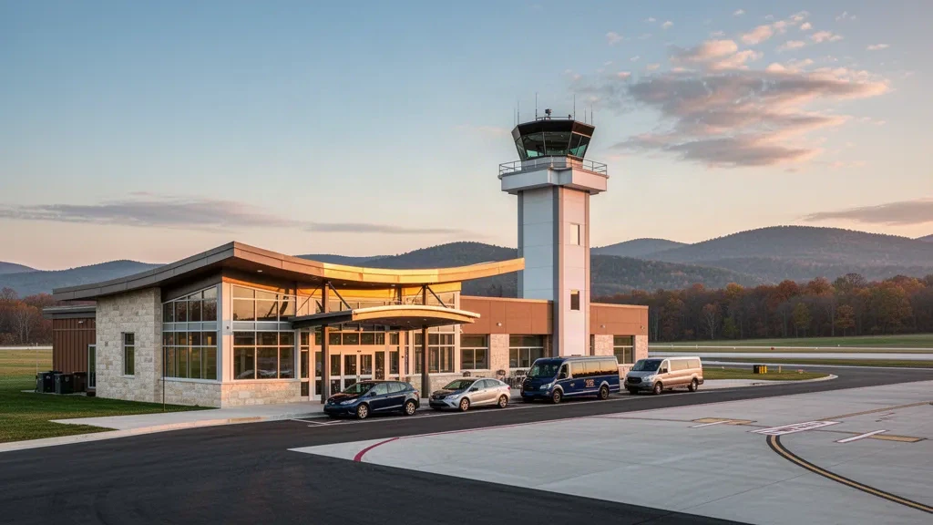 Modernes Terminalgebäude und Kontrollturm am Hagerstown Regional Airport in Maryland mit Vorfahrtsbereichen zum Aussteigen im Licht der goldenen Stunde.