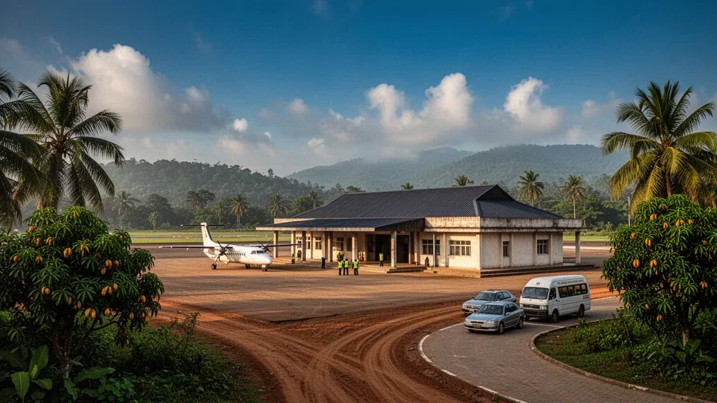 Kleines tropisches Terminal, Palmen und Vorfeld am Flughafen Hastings nahe Freetown, Sierra Leone, in warmem Licht am späten Nachmittag