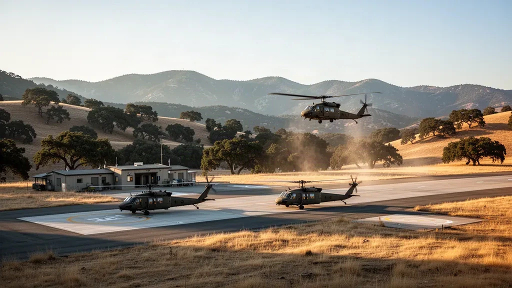 Unmarked utility helicopters on the ramp at Tusi Army Heliport, Fort Hunter Liggett, framed by oak-studded California hills at golden hour.