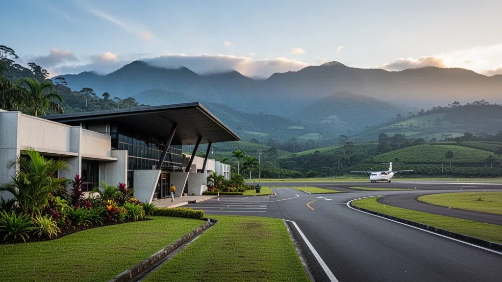Terminal et piste de l'aéroport de Mount Hagen Kagamuga se détachant sur les hautes terres verdoyantes et brumeuses de Papouasie-Nouvelle-Guinée