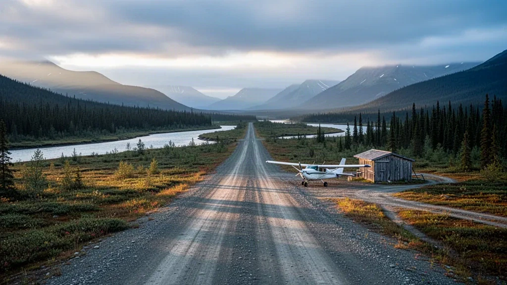 Pista de grava, tundra y bosque de abetos en el remoto aeropuerto de Hog River, cerca de Hogatza, Alaska, bajo una suave luz subártica