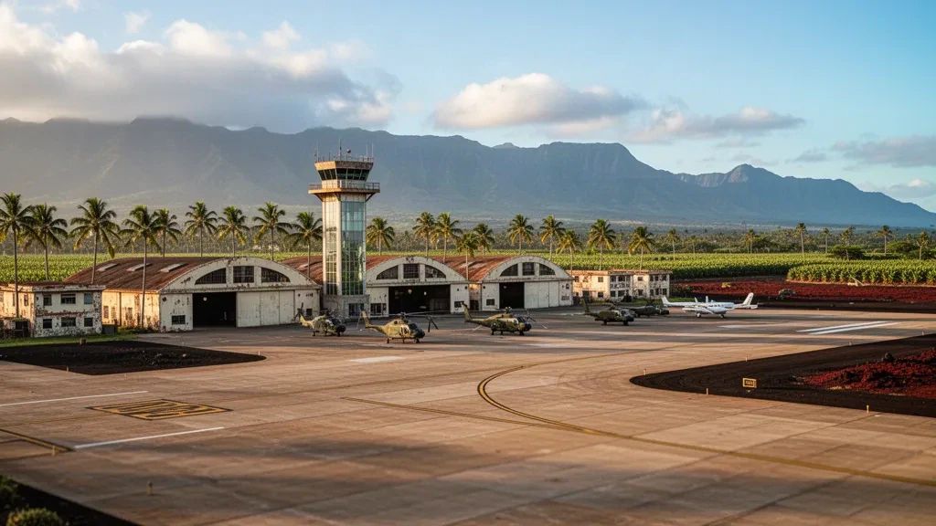 Línea de vuelo militar histórica, hangares y montañas tropicales en Wheeler Army Airfield en Wahiawa, Oahu, Hawái, a la hora dorada