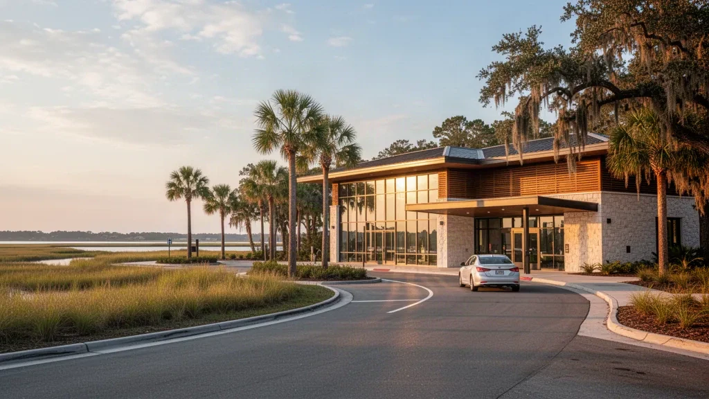 Eingang des Terminals am Hilton Head Island Airport, umrahmt von Palmen und mit Moos behangenen Eichen zur goldenen Stunde in South Carolina