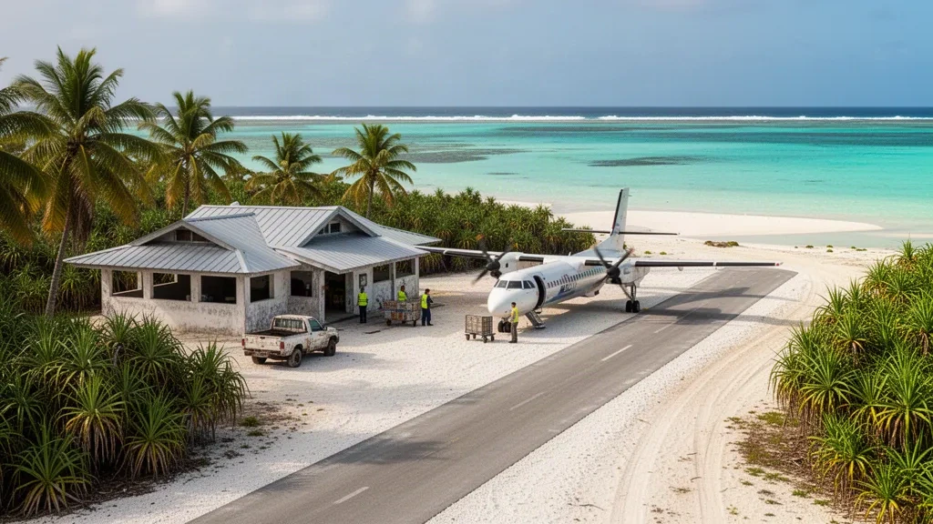 Small open-air terminal at Hikueru Airport on a French Polynesia coral atoll, framed by palms and turquoise lagoon