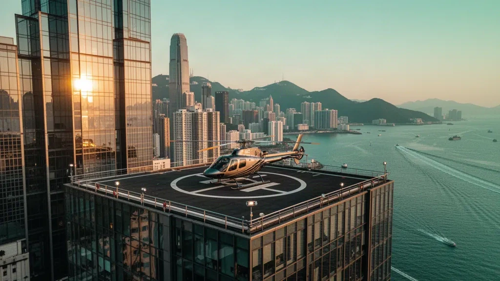 Shun Tak Heliport'ta helikopter pisti, altın saatlerde Victoria Limanı ve Hong Kong silüetine bakan bir helikopter
