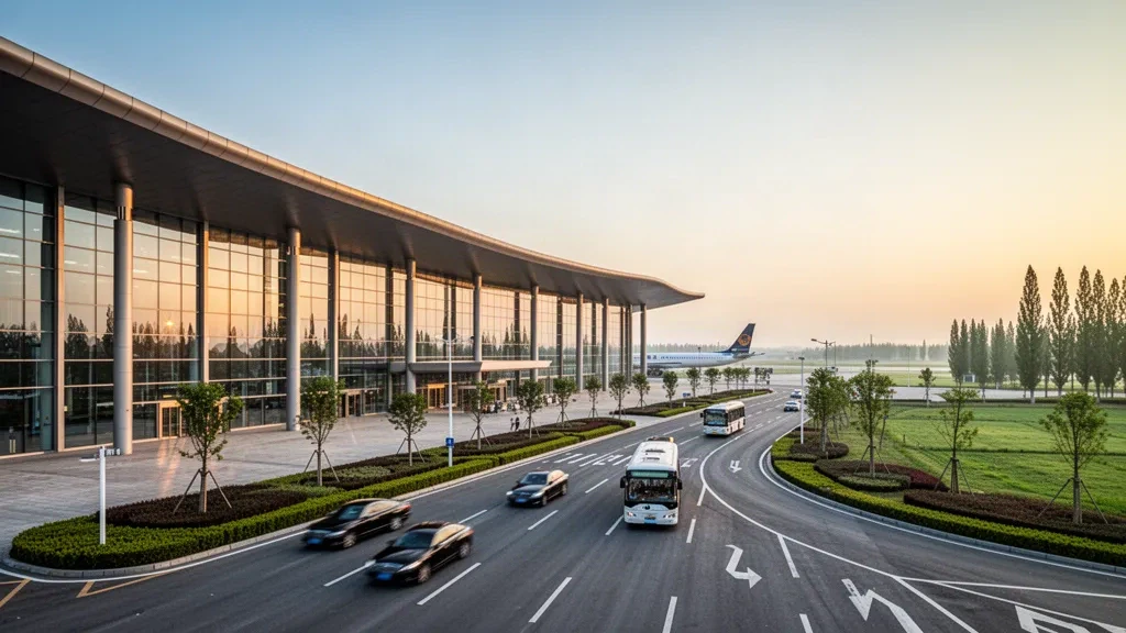Modernes Flughafenterminal aus Glas und geschwungene Vorfahrtspuren am Flughafen Huai'an Lianshui in Jiangsu, China, beleuchtet vom warmen Licht der goldenen Stunde.
