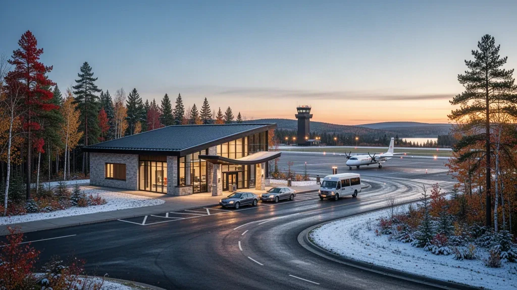 Modern glass terminal and curbside drop-off loop at Range Regional Airport in Hibbing, Minnesota, ringed by pine forest at golden hour