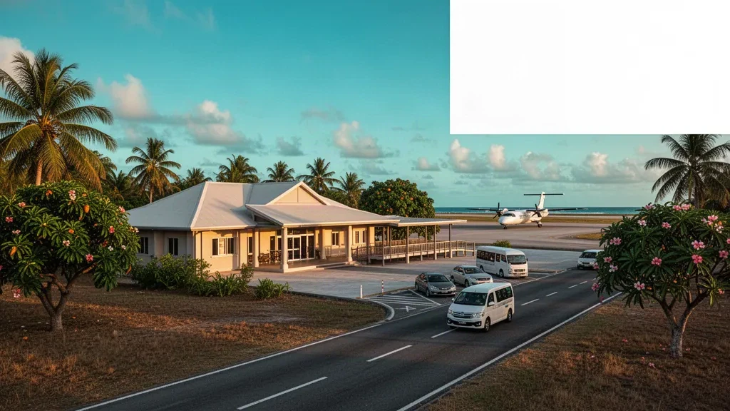 Queensland, Torres Boğazı'nda palmiyelerle çevrili, sıcak altın saat ışığındaki tropikal Horn Adası Havalimanı terminali ve apronu