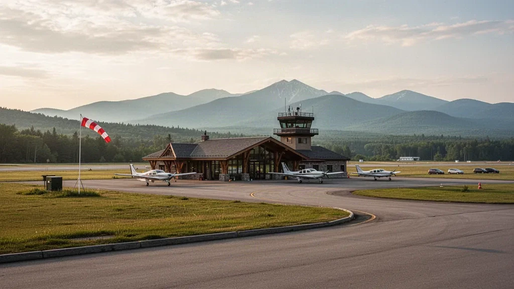 Mount Washington Regional Havalimanı'nda küçük bir bölgesel terminal binası ve hafif uçakların bulunduğu asfalt apron, New Hampshire'ın White Mountains dağlarıyla çevrili