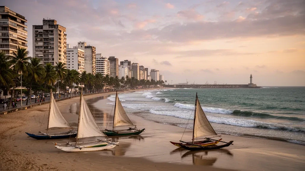 Golden-hour view of Fortaleza, Ceará's Beira Mar waterfront with jangada sailboats on the beach and city towers behind