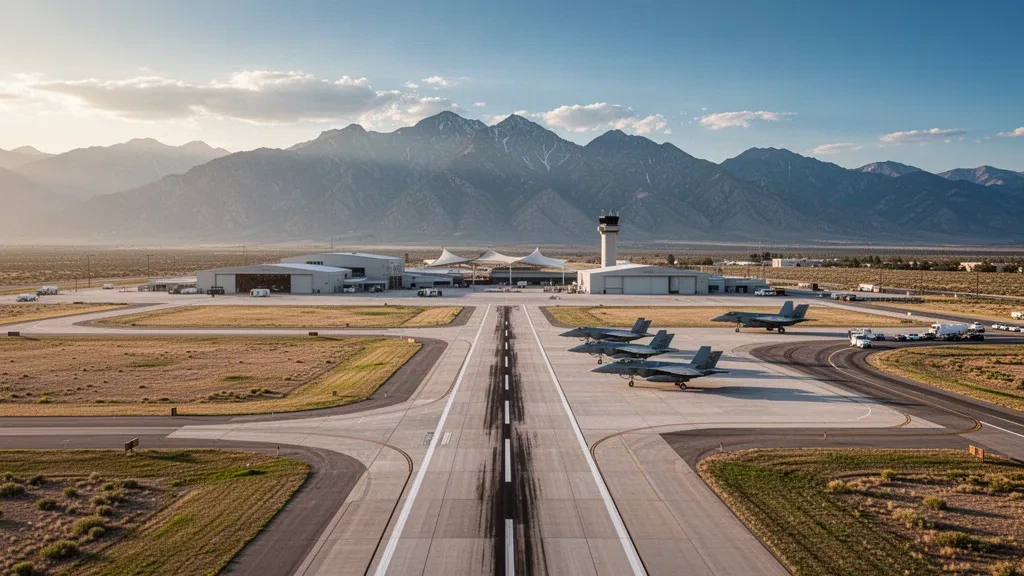 Utah'taki Hill Hava Kuvvetleri Üssü'nde pist apronunda F-35 savaş uçakları, arka planda hangarlar ve altın saat ışığında Wasatch Sıradağları.