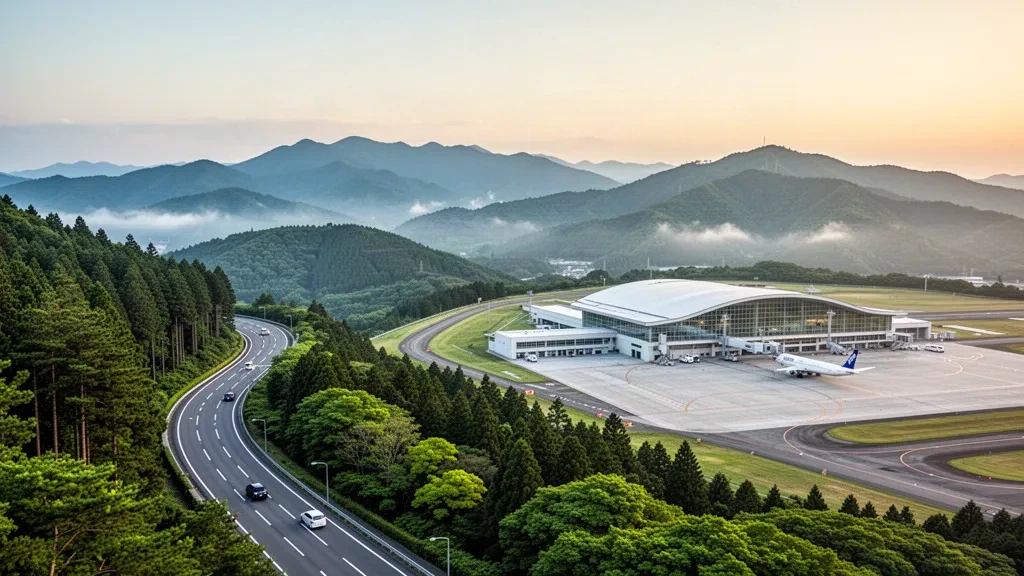 Terminal moderne au toit incurvé sur un plateau montagneux boisé à l'aéroport d'Hiroshima à Mihara sous une douce lumière matinale