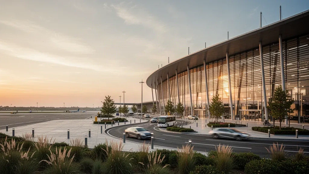Extérieur du terminal de l'aéroport de Highbury avec façade en verre incurvé, voies de dépose et routes d'accès dans une lumière dorée chaleureuse