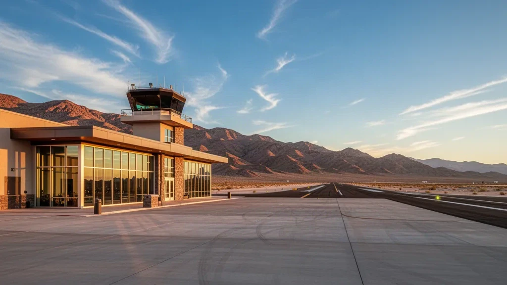 Altın saat ışığı altında çöl dağlarıyla çevrili Lake Havasu City Havaalanı'ndaki modern terminal binası.