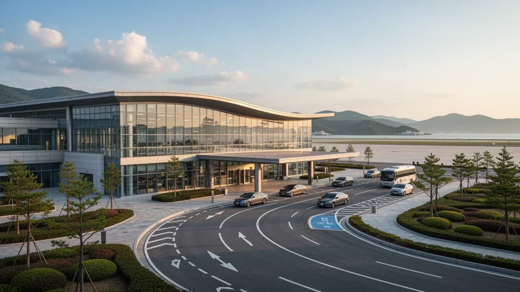 Exterior de terminal moderna de cristal y carril de bajada junto a la acera en el aeropuerto de Sacheon, Corea del Sur, bajo una cálida luz de hora dorada