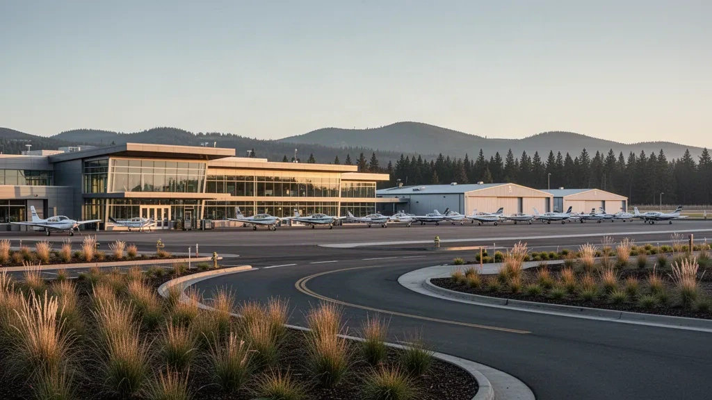 Golden-hour view of Portland-Hillsboro Airport in Oregon, with its modern terminal, hangars and small aircraft on the general aviation apron.