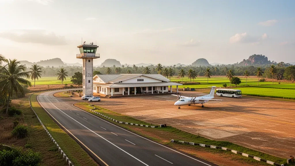 Piccolo terminal tropicale e torre di controllo all'aeroporto di Hingurakgoda in Sri Lanka, circondati dalla giungla della zona arida in una calda luce dorata