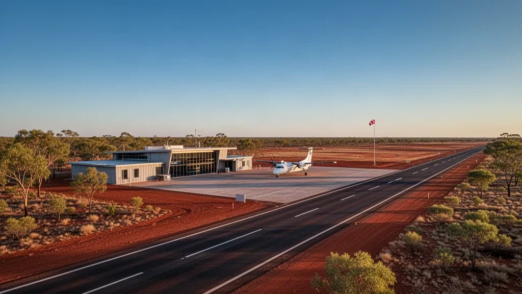 Vista amplia del aeropuerto de Headingly en Queensland con una pista regional y un paisaje del interior a la hora dorada.