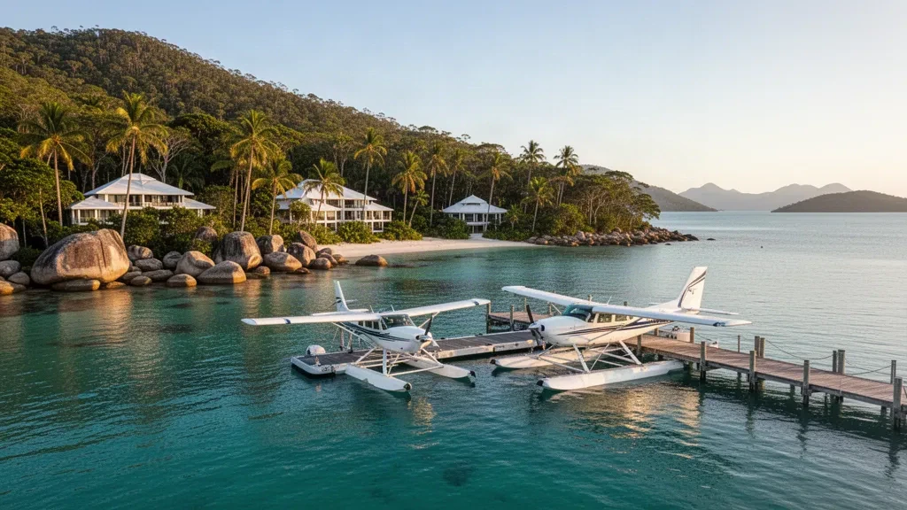 Idrovolante ormeggiato presso la base per idrovolanti di Hayman Island Resort nelle Whitsundays, circondato da acque turchesi e paesaggi tropicali.