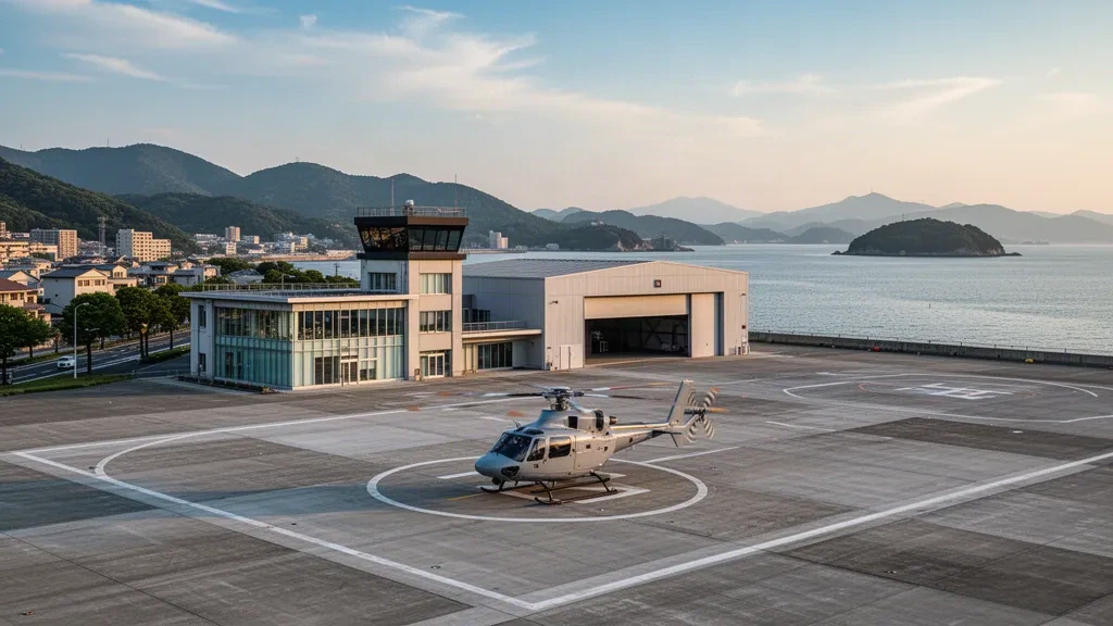 Helicopter on the concrete apron at Hiroshima Heliport beside Hiroshima Bay, with green hills and the Seto Inland Sea in golden afternoon light