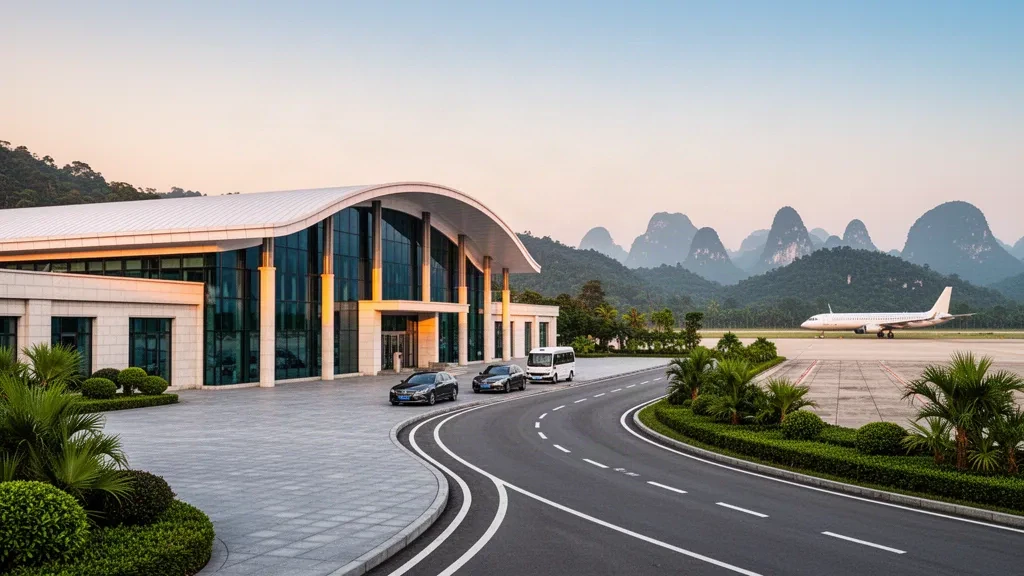 Modernes niedriges Terminal und geschwungene Vorfahrtspur am Flughafen Huaihua Zhijiang in Hunan, eingerahmt von grünen Hügeln zur goldenen Stunde