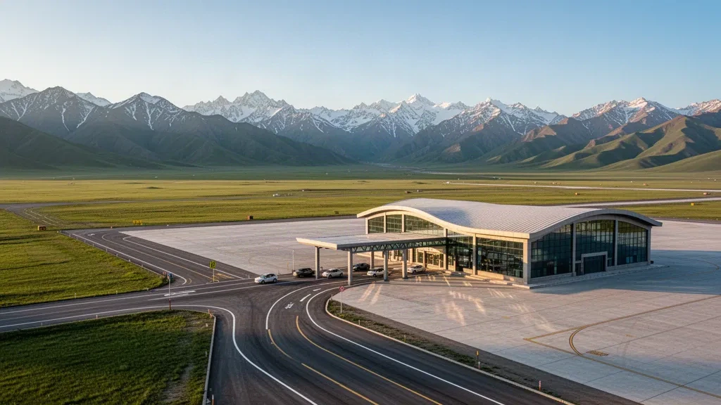 Bayanbulak bozkırındaki Hejing Bayinbuluke Havaalanı'nın modern cam terminali ve uzakta karlı Tianshan dağları, Sincan.