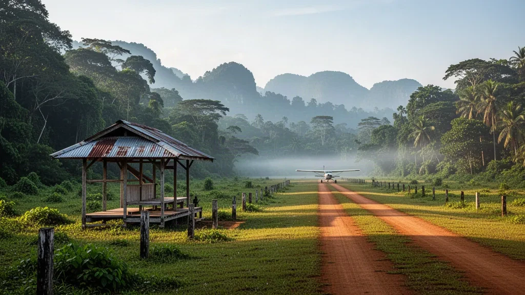Pista d'atterraggio tropicale remota all'aeroporto di Haivaro in Papua Nuova Guinea, circondata da fitta foresta pluviale e colline nebbiose all'alba