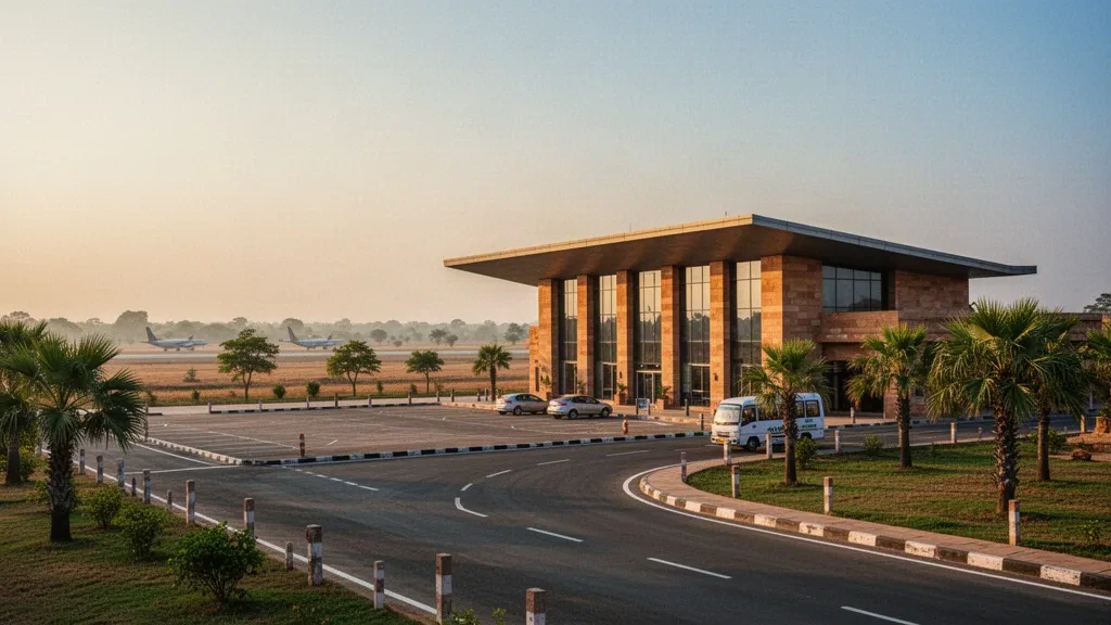 Modernes gläsernes Terminal und Vorfahrtsbereich am Flughafen Khajuraho in Madhya Pradesh, Indien, im goldenen Licht der Abendstunde