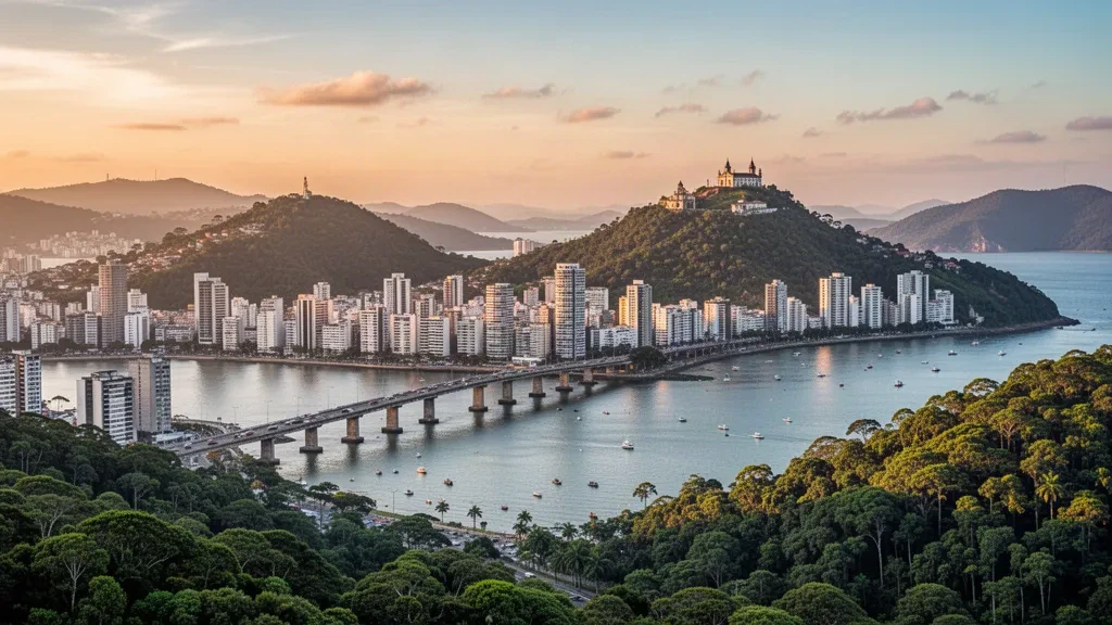 Luftaufnahme von Vitória, Espírito Santo, Brasilien zur goldenen Stunde mit der Baía de Vitória, der Terceira Ponte und der Skyline der Stadt.