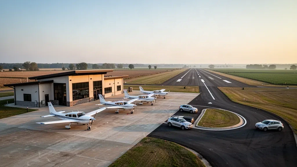 Plataforma de aviación general y edificio terminal bajo en el Aeropuerto Municipal de Blytheville, Arkansas, a la hora dorada