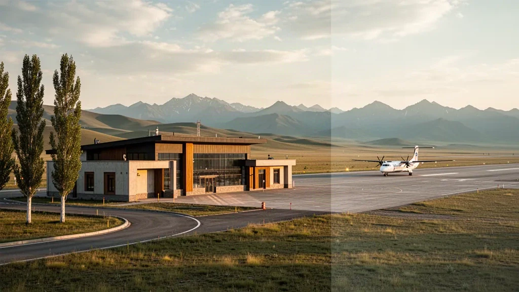 Vista amplia de la pequeña terminal del aeropuerto regional de Khujirt, en Mongolia, rodeada de estepa abierta y montañas lejanas durante la hora dorada.