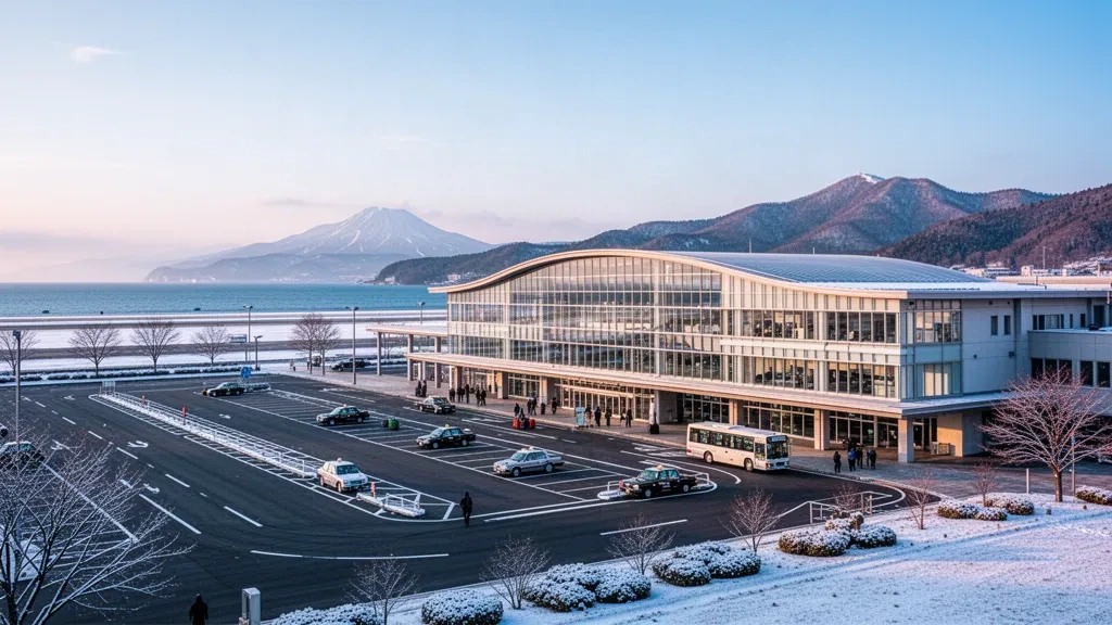 Modernes Glasterminal und Vorfahrt am Flughafen Hakodate in Hokkaido, eingerahmt von verschneiten Hügeln bei klarem Winterlicht.