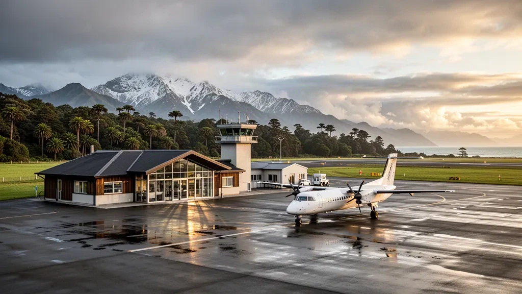 Kleines regionales Terminal am Flugplatz Hokitika mit einer parkenden Turboprop-Maschine, nassem Vorfeld und den Südlichen Alpen, die hinter dem Wald der Westküste aufragen.