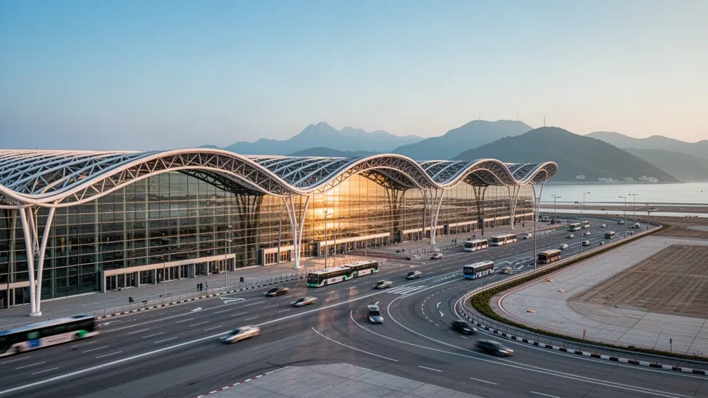 Glasterminal und geschwungenes Dach des Hong Kong International Airport mit den Bergen von Lantau und ruhigem Meer dahinter zur goldenen Stunde