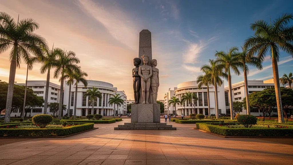Vista durante la hora dorada de la Praça Cívica en Goiânia, Goiás, con el Monumento às Três Raças y edificios cívicos de estilo art déco