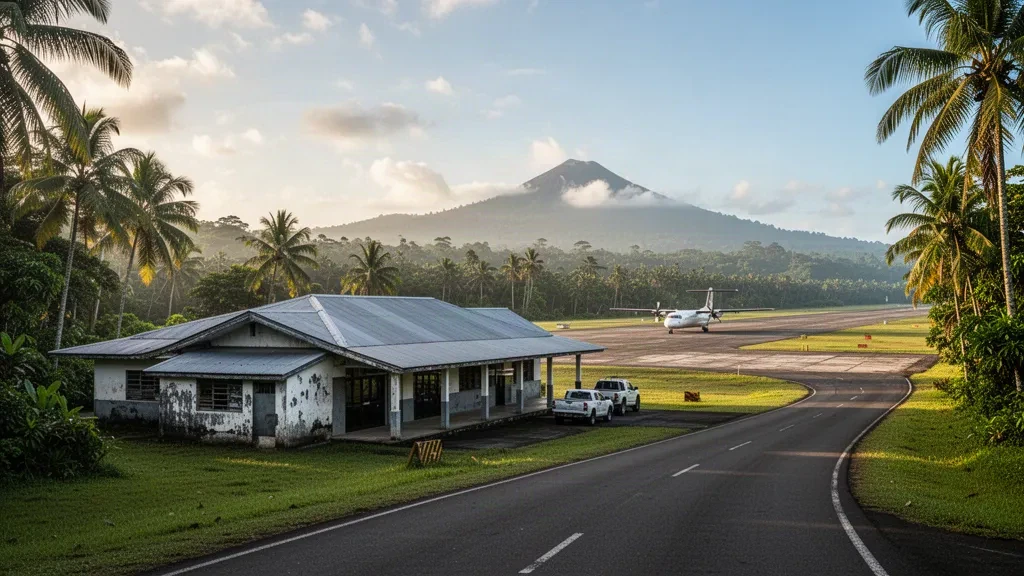 Tropisches Terminal und Turboprop-Flugzeug auf dem Vorfeld des Flughafens Hoskins, der Kimbe, Papua-Neuguinea, bedient