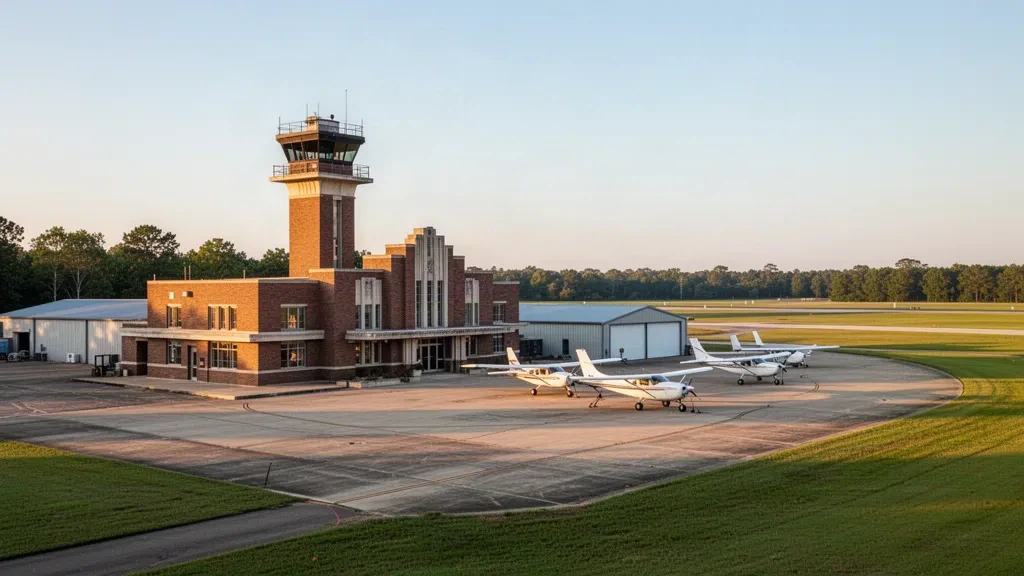 Art-déco-Terminal und Kontrollturm am Hawkins Field in Jackson, Mississippi, mit Leichtflugzeugen auf dem General-Aviation-Vorfeld zur goldenen Stunde