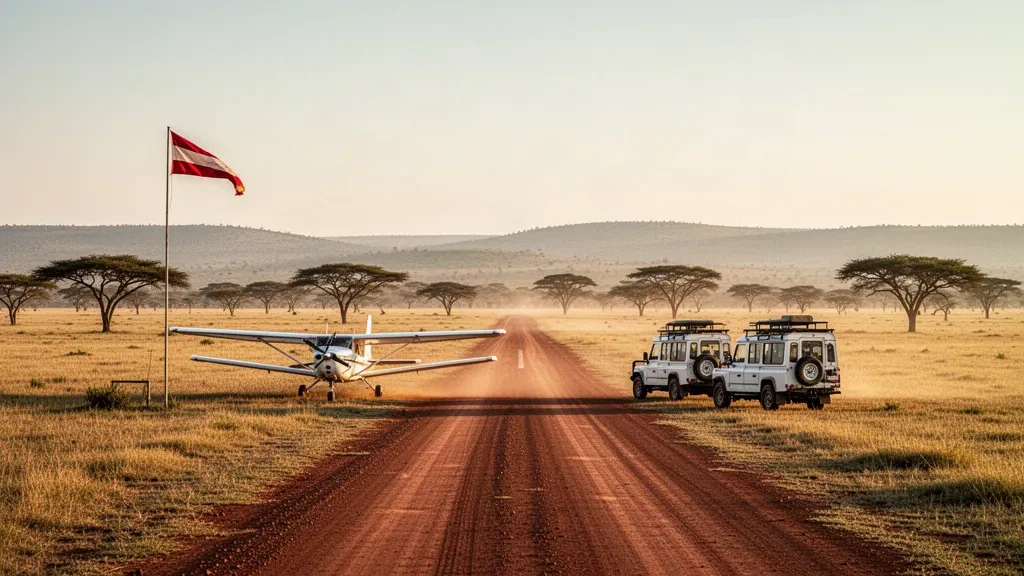 Piccolo aereo a elica e veicoli da safari sulla pista sterrata di Mara North Conservancy Airstrip in Kenya durante l'ora d'oro.