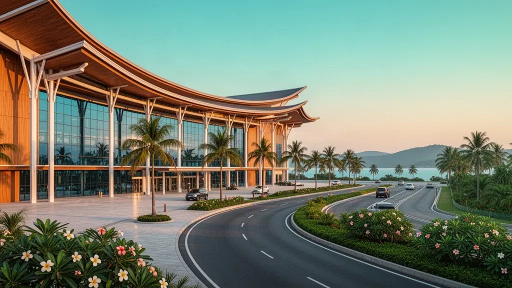 Phuket Uluslararası Havalimanı'nda altın saat ışığında palmiye ağaçlarıyla çevrili araç bırakma şeritleri ve modern tropikal terminal binasının dış görünümü, Tayland