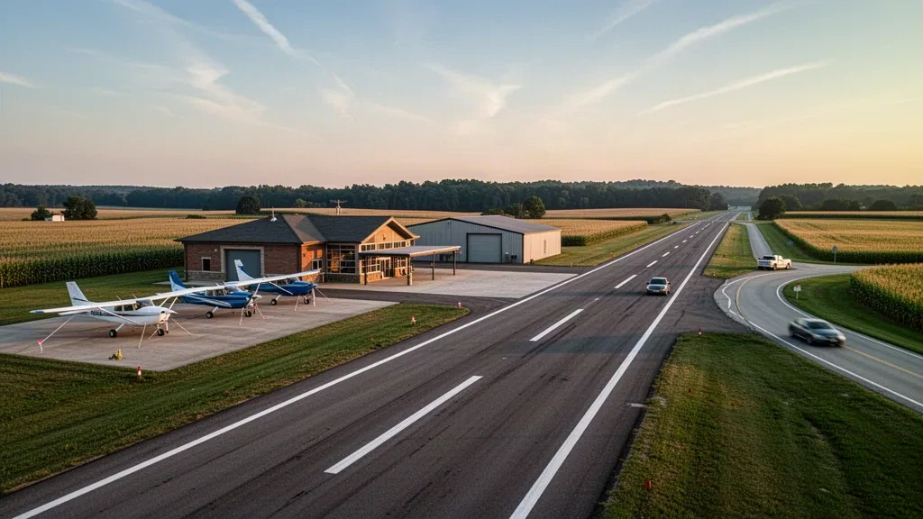 Small general aviation apron, light aircraft and asphalt runway at Batesville Airport in Indiana, framed by farmland in warm afternoon light