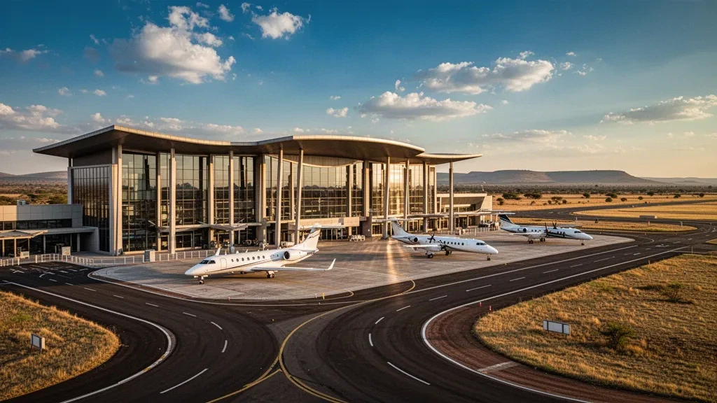 Terminal moderno in vetro e piazzale aeromobili all'Aeroporto Internazionale di Lanseria vicino a Johannesburg nella calda luce pomeridiana dell'Highveld